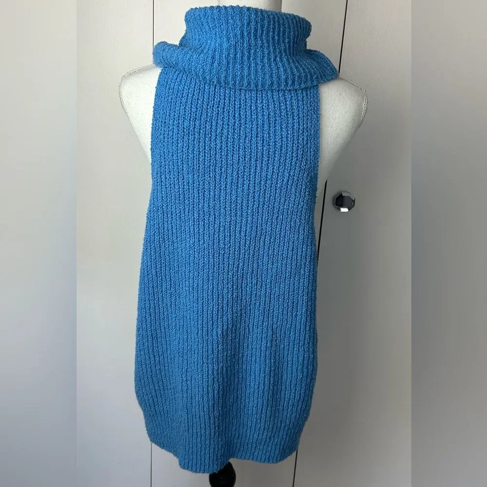 Free People Beach FP Blue Ribbed Chunky Knit Sleeveless Cowl Neck Sweater Sz M